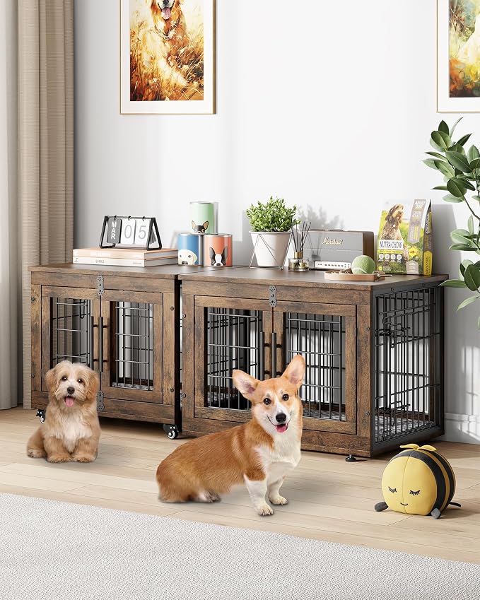YaFiti Dog Crate Furniture, 27.2" Wooden Dog Kennel, 2 Pack, Rustic Brown | for Small Dogs, Up to 30 lb, Cushion, Wheels, Double Doors, Furniture Style, Side End Table, Decorative Pet Cage House