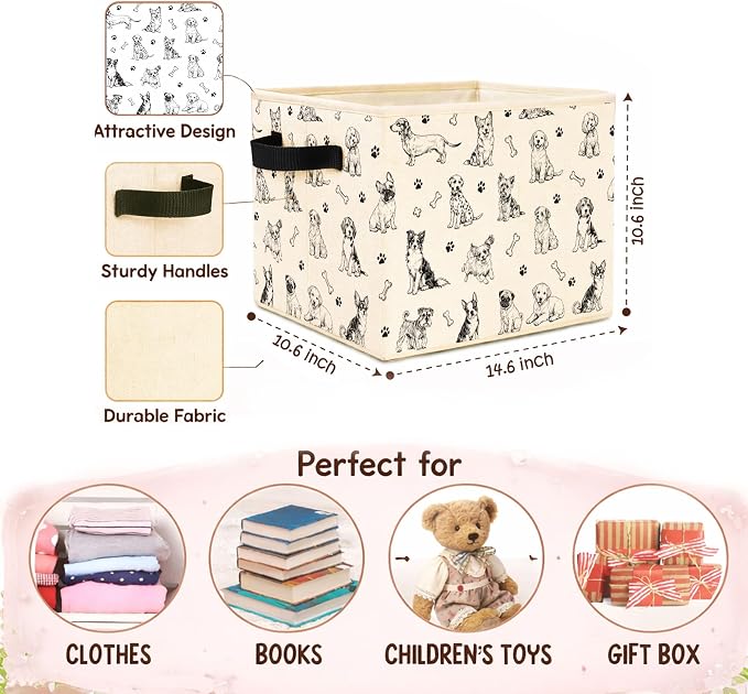 Dog Pattern Storage Bin, Foldable Fabric Organizer Basket | Dog pattern storage bin with breed sketches, paw prints, bones, foldable fabric design and side handles.