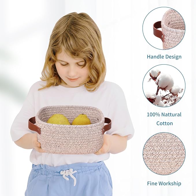 ABenkle Small Storage Basket, Mini Baskets with Handle, Cute Cotton Woven Baskets for Shelves, Boho Decorative Toy Storage Bin for Nursery, Spa, Empty Gift Basket - XS, Mixed Brown