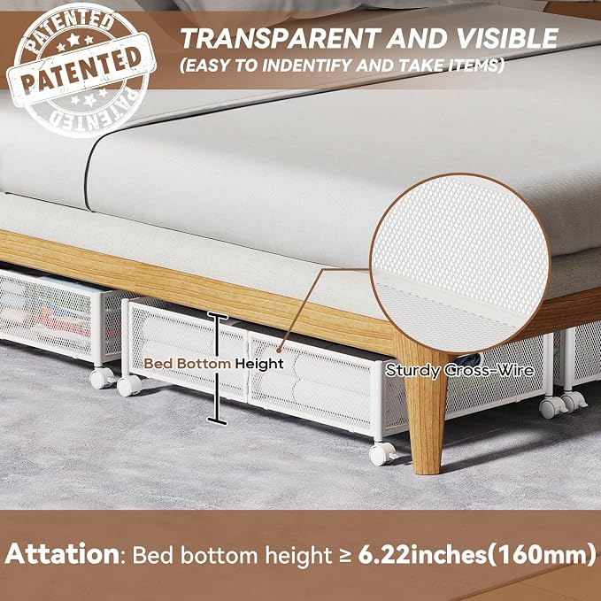 Under Bed Storage with Wheels & Handle,Sturdy Metal,2 Pack,White | Tool-free assembly, glide smoothly, easy reach, foldable, maxmazie low-profile beds, dorm, keep seasonal clothes, shoes fresh