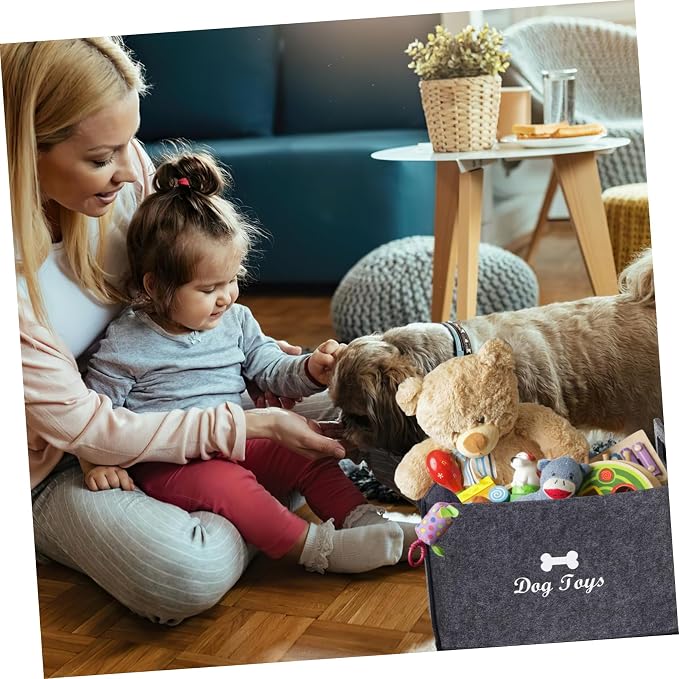 Mobestech Dog Toy Storage Basket Felt Pet Toy Organizer Two Side Handles Thick Material for Easy Use Versatile for Living Room Bedroom and Outdoor Activities