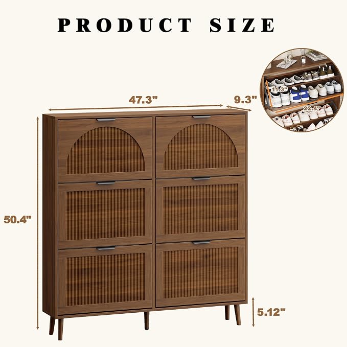 Shoe Storage Cabinet with 6 Flip Drawers, Narrow Wood Shoe Organizer Cabinet with Fluted Panel, Slim Shoe Rack for Entryway, Freestanding Shoe Cabinet for Living Room, Hallway, Walnut
