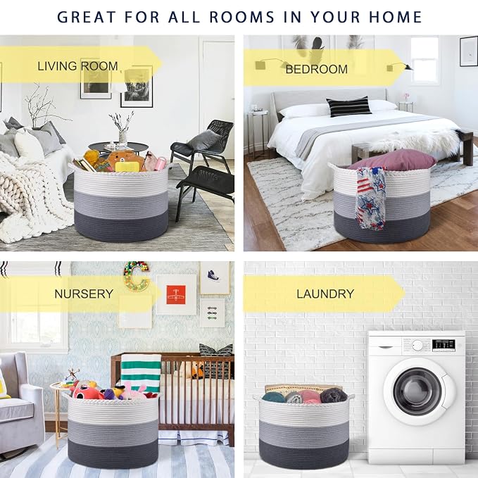 COMSE Large Woven Blanket & Laundry Basket, 87L, White & Gray | 21.7" x 13.8", Cotton Rope, Nursery Hamper for Storage of Toys Clothes Towels, Ideal for Living Room Bedroom Bathroom