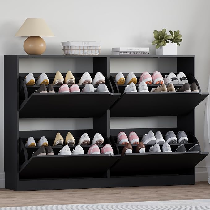 BORNOON Shoe Cabinet with 4 Flip Drawers, Narrow Hidden Shoe Storage Cabinet, Slim Freestanding Shoe Rack Organizer for Entryway, Hallway, Bedroom, Living Room
