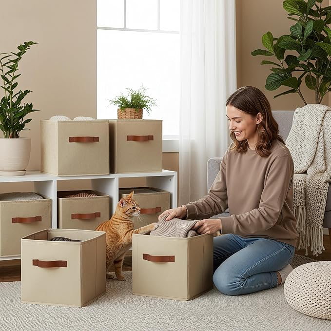 GRANNY SAYS Cube Storage Bins, 11 Inch Cube Organizers, Khaki, 6-Pack | Collapsible Storage Boxes with Thickened Base Plate, Sturdy Handles, Decorative Baskets for Shelves, Closet