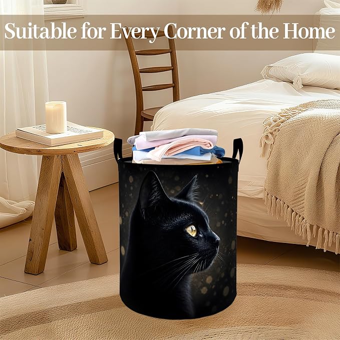 Black Cat Laundry Basket, Mysterious Kitten Foldable Oxford Cloth, Waterproof Dirty Clothes Hamper with Handles, Clothing Storage Bin Toy Organizer for Bedroom Dorm Bathroom, 19.7"x15.7"