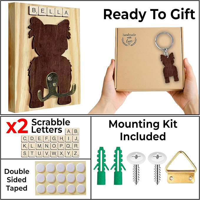 Yorkshire Terrier Dog Leash Holder Wall Mount with Scrabble Letters, Wooden Dog Wall Hook Organizer, Pet Collar & Harness Holder Entryway, Key Hook Leash Rack, Gift for Pet Lovers, Home Decor PF297-73