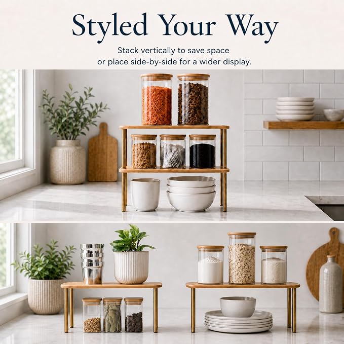 Ibyx Shelves Organizer Set of 2 - Kitchen Cabinet Organizers and Pantry Storage - Bamboo Top & Brass-Effect Metal Legs - Stackable Shelves for Kitchen Counter & Cabinets with 22 lb Capacity - Brown