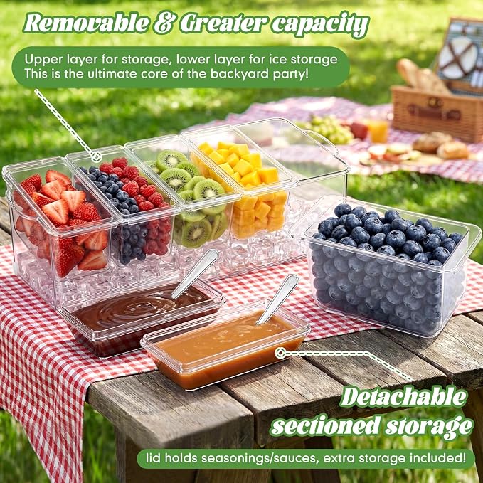 Ice Chilled Condiment Caddy with Drain Plug, 5 Containers with Lids, 85 oz Ice Capacity, 11 Pcs Complete Garnish Tray Condiment Server Set with Drainer Mat Cutlery Holder for Taco Bar Party