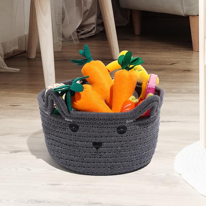 Zopeal Cat Storage Basket Woven Organizer with Ears Decorative Gift Cute Cotton Rope Pet Toy Basket for Gift Cat Dog Toy Bin Nursery Room(8.3 x 4.7 Inch,Gray)