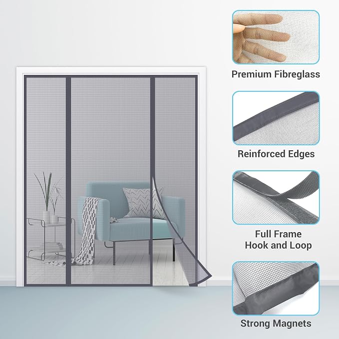 TheFitLife Fibreglass Double Door Magnetic Fly Screen, Heavy Duty Curtain | 66"x81" - Fits Doors up to 64"x80" Max, Gray, with Full Frame Hook & Loop Powerful Magnets, Pet & Kid Friendly, Hands Free