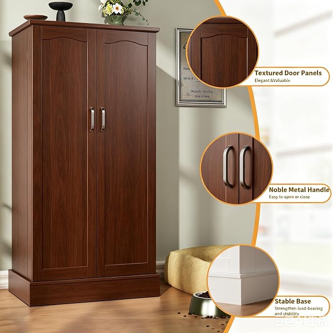 Saudism 47" Dog Food Storage Cabinet with Doors and Adjustable Shelves | Freestanding Pet Storage Container Organizer for Living Room and Dinning Room, Walnut