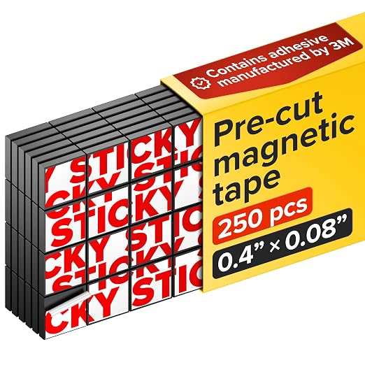 Pre-Cut Adhesive Magnetic Tape Squares, 0.4"x0.08" (10x2mm), 250 pcs | Sticky Magnetic Tape Squares, Flexible, Easy to Use, No Cutting Needed, For Whiteboard, Fridge, Crafts & School