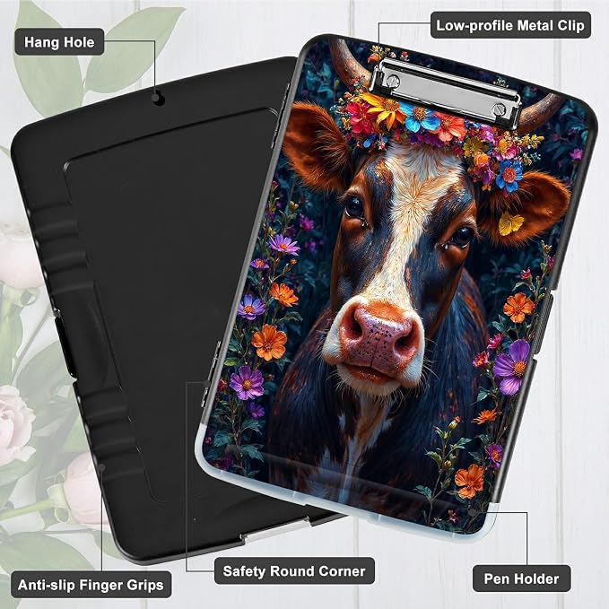 A4 Clipboard with Storage Pen Holder, Clipboards Organizer Nursing Clipboard Foldable File Folder Plastic Clipboard Folio Clip Board for Office Work Classroom Doctor, Black White Cow Flower