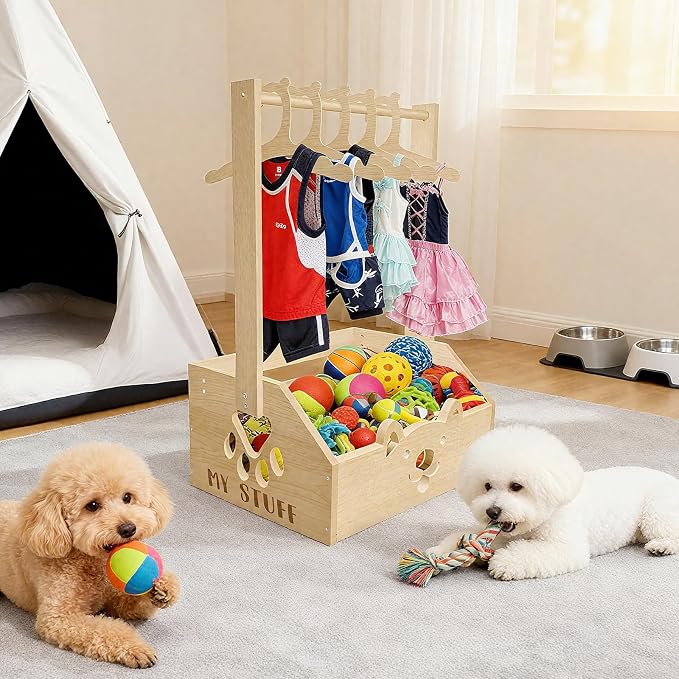 20" x 13.5" x 9" Wooden Dog Closet for Small Dogs - 2-in-1 Clothes Hanger & Storage Basket, with Cute Pet-Face Design, Practical Organizer for Pet Supplies, Home Decor & Dog Gear Tidying