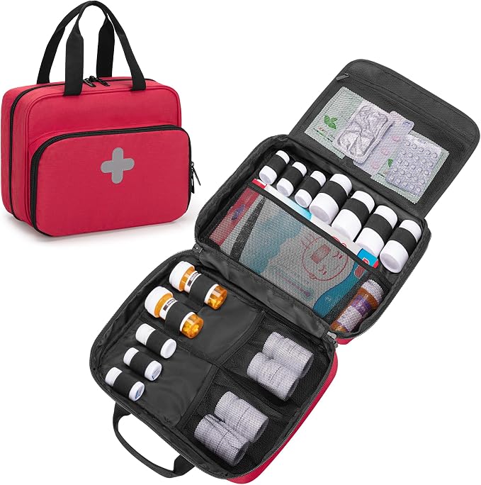 CURMIO Pill Bottle Organizer, Lockable Medicine Bottle Storage Bag, Red | Emergency Medical Supplies for Home Care, for First Aid Kits, Multifunctional Bag, Home Storage, Dormitory, Travel, Empty Bag