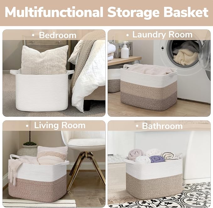 Goodpick 50L Large Woven Storage Basket, 18" x 14" x 12", Light Brown | Decorative Gift Basket for Nursery & Bedroom Organization, Cotton Rope Baskets for Blankets & Toys Storage, Built-In Handles