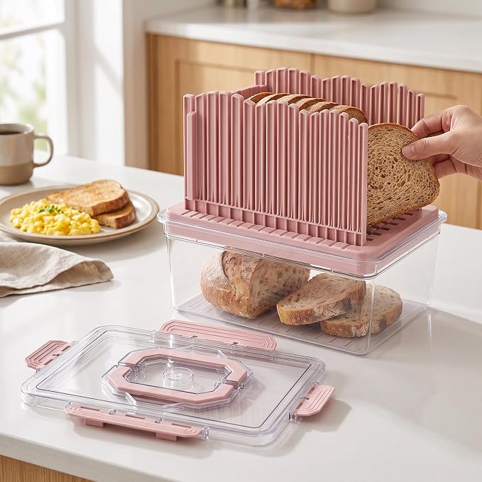 VECELO 2‑in‑1 Bread Slicer & Airtight Bread Storage Box with Handle, Plastic Bread Container with Lid for Keeping Fresh, Ideal for Bread, Cake, Buns,Pink