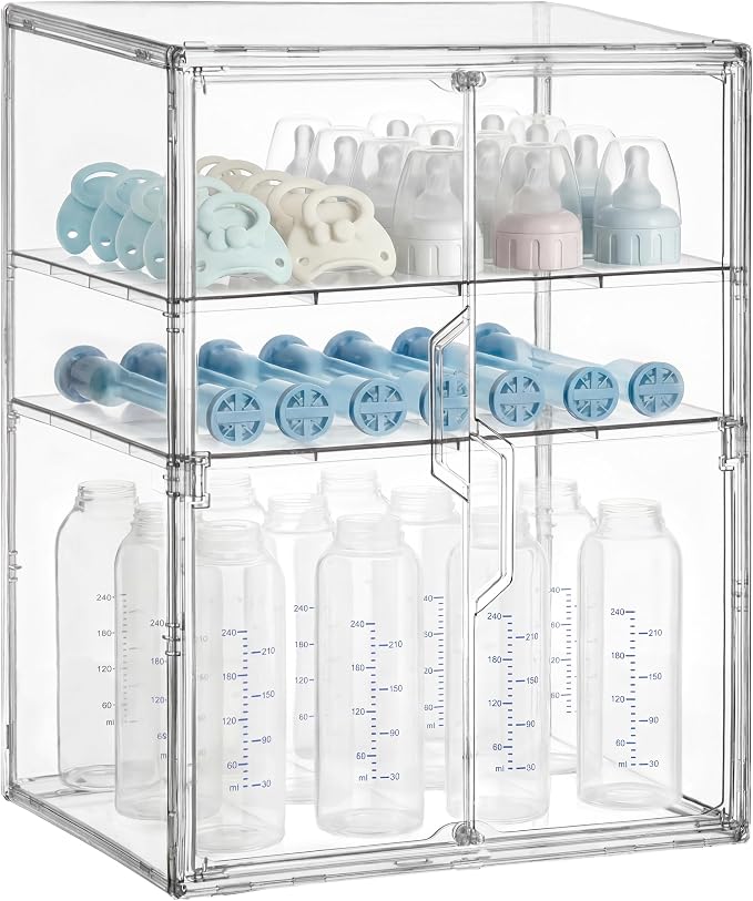 HBlife Baby Bottle Storage Organizer for Countertop Cabinet, 3 Tiers Adjustable Clear Acrylic Bottles Storage Station Case Box Container with 2 Removable Dividers and Magnetic Double Door, X-Large