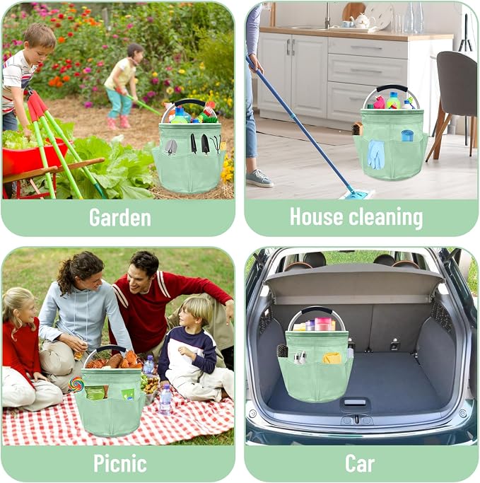 17L Cleaning Caddy with Handle, Foldable Cleaning Supply Caddy with 6 Pockets Cleaning Caddy Bag for Outdoor Camping Garden Harvest Basket Bathroom Storage (Clear Green)