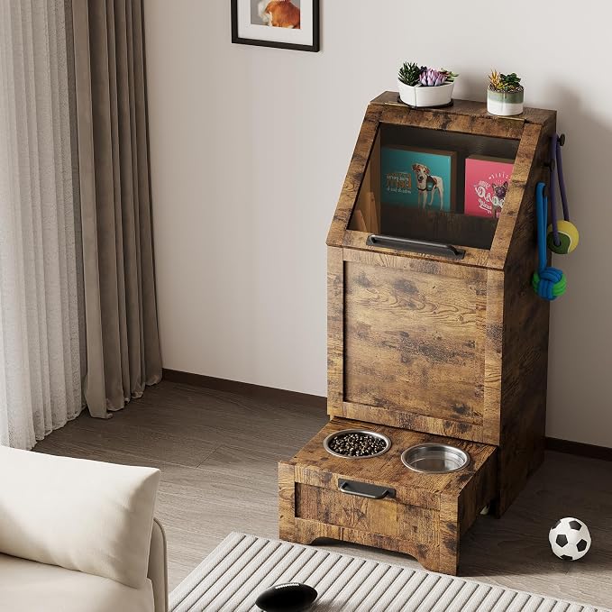 Top Opening Dog Feeding Station, Wooden Dog Food Storage Cabinet with 2 Elevated Dog Bowls, 3 Hooks, Hidden Design, Large Pet Food Storage and Feeding Station for Dogs, Cats, Retro