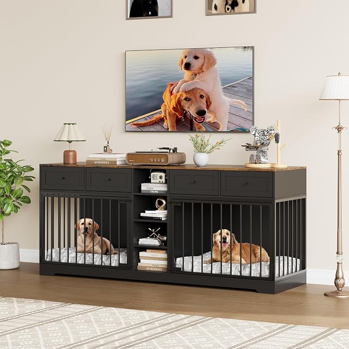 GarveeHome 82" Double Dog Crate Furniture with Drawers and Shelves, Black | Heavy Duty Wooden Dog Crate TV Stand, Large Dog Kennel Indoor for 2 Medium/Large Dogs