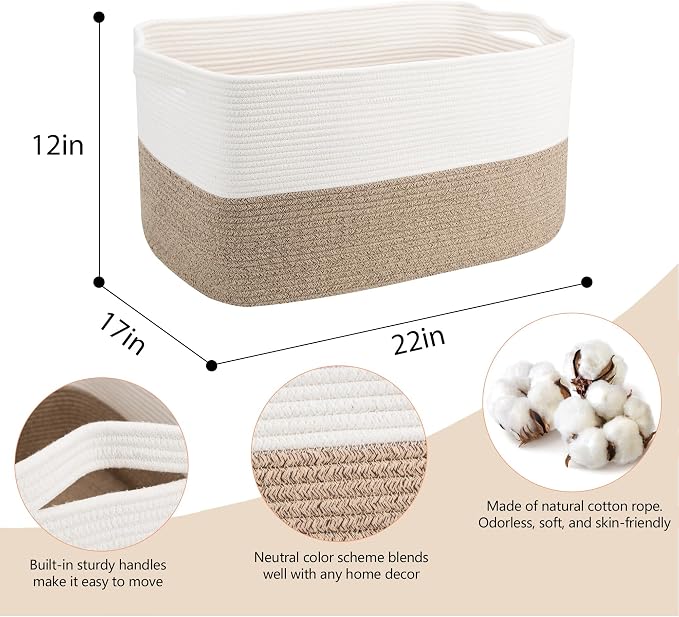 MEGASKET Extra Large Blanket Basket, 22" x 17" x 12" Rectangle Blanket Storage for Living Room, Soft Kids Dog Toy Basket Bin, Cotton Rope Baskets for Storage, Woven Throw Pillow Organizer Holder