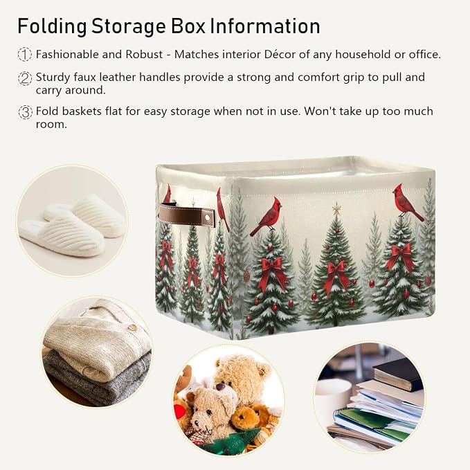 Christmas Tree Cardinals Birds Storage Basket with Waterproof Liner and PU Handles Winter Xmas Tree Bow Storage Bins Boxes 14.2" Collapsible Decorative Organizer Baskets for Bedroom Office 1 Pack