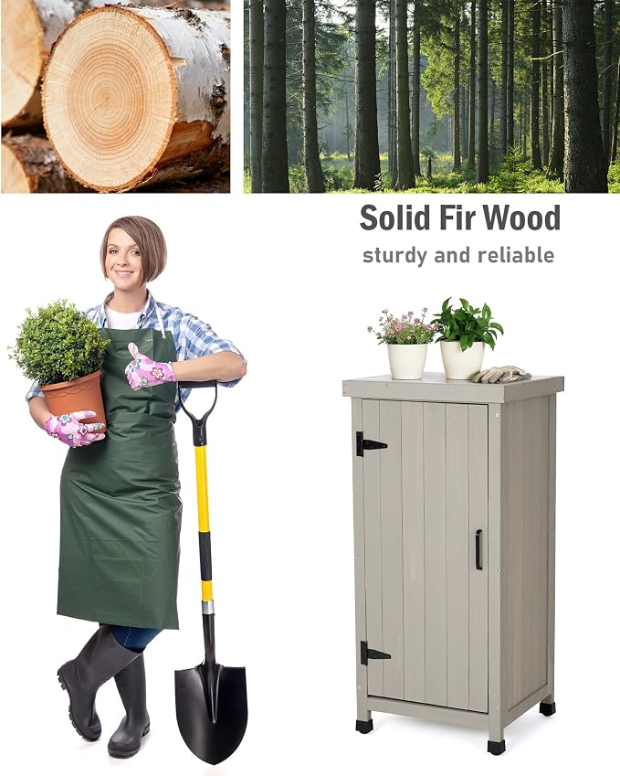Small Outdoor Storage Cabinet with Metal Top | Wooden Potting Table & Garden Workbench | Weatherproof Gardening Table| Space-Saving Potting Bench for Patio, Backyard Gardening Tools