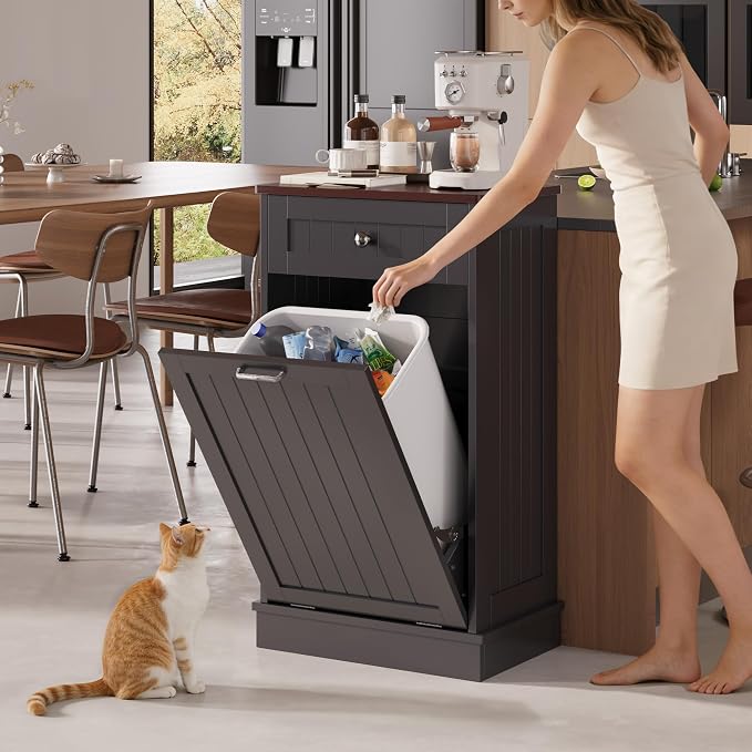 KIGOTY Tilt Out Trash Can Cabinet, Laundry Hamper Cabinet, Kitchen, Black