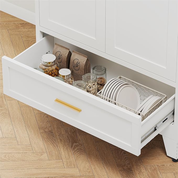 YAUWOH 71''Tall Kitchen Pantry Cabinet with Drawer,5-Tiers Metal Pantry Storage Cabinet with 4 Adjustable Shelves and 2 Barn Doors, Freestanding Farmhouse Food Cupboard for Dining Room (1PC,White)