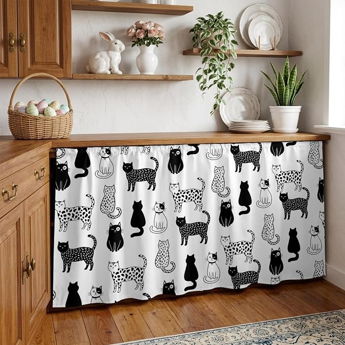 Cat Animal Cabinet Curtain 32"Wx55"L,Dustproof Pantry Door Curtain with Self Adhesive Tape,Black White Earthy Tone Pet Modern Minimalist Tall Storage Cover Privacy Drape for Bathroom Kitchen Laundry