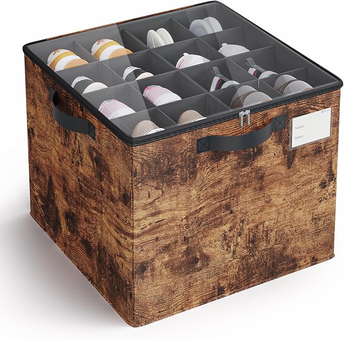Varhomax Shoe Organizer Box for Closet, Fabric Storage Basket | Foldable Shoe Bin with Adjustable Dividers & Clear Cover, Saving Space Sneakers & Sandals Containers for Entryway, Cubby