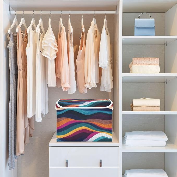 Color Boho Wave Storage Bins with Lids Closet Bedroom 40L Storage Basket | Decorative Storage Boxes, Foldable & Stackable, Dust-Proof Flip Top, Reinforced Handles, For Home & Dorm, Clothes & Toy Box
