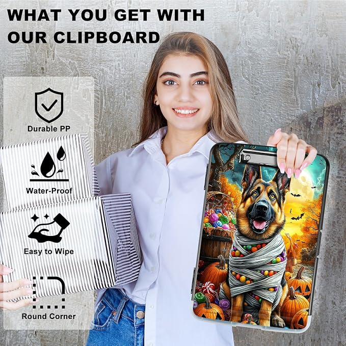 A4 Clipboard with Storage Pen Holder, Clipboards Organizer Nursing Clipboard Foldable File Folder Plastic Clipboard Folio Clip Board for Office Work Classroom Doctor, Pumpkin Puppy