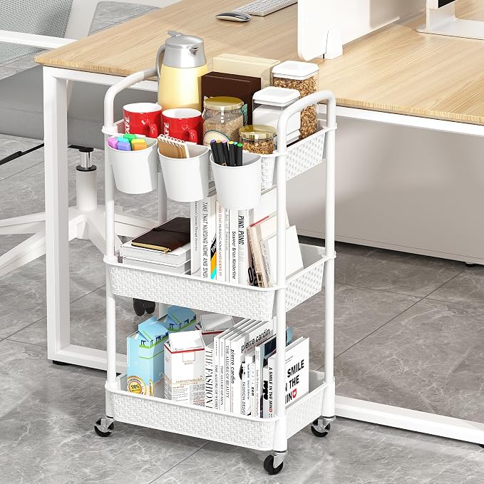 MOYIPIN 3-Tier Plastic Rolling Utility Cart with Handle,White | Utility Storage Cart for Office, Living Room, Kitchen,Movable Storage Organizer，Easy installation，Rattan-like art design