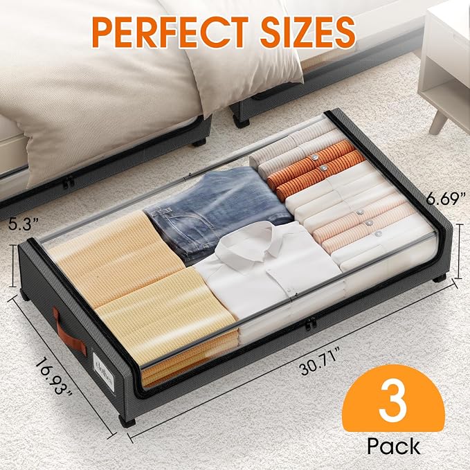 Under Bed Storage with Wheels 3Pack Storage Containers with Clear Window | Under Bed Drawers Rolling Under Bed Storage for Clothes,Shoes, Blankets (30.71 x 16.93 x 6.69 in, Dark Grey)