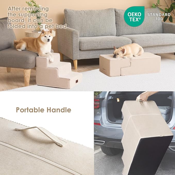 EHEYCIGA Dog Stairs for Bed 18" H, 4-Step Extra Wide Dog Steps for High Bed, Pet Steps for Small Dogs and Cats, Non-Slip Balanced Pet Ramp Indoor, Beige