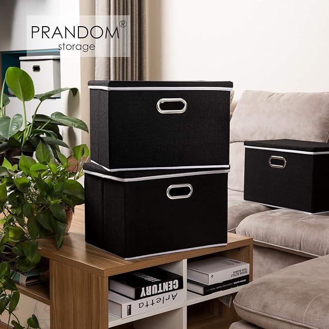 Large Foldable Storage Boxes with Lids [3-Pack] Fabric Collapsible Storage Bins Organizer Containers Baskets Cube with Cover for Home Bedroom Closet Office Nursery Black(17.7x11.8x11.8)