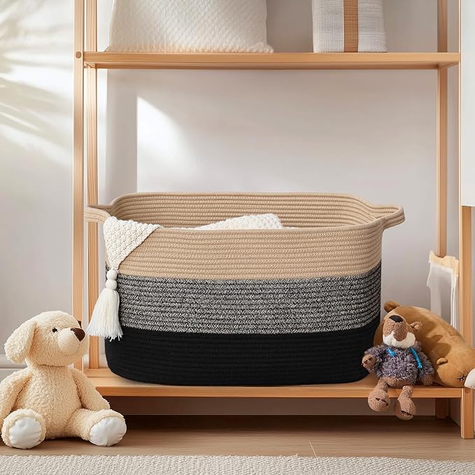 Large Blanket Basket, 100L Storage Baskets for Organizing, Woven Laundry Basket for Blankets, Cotton rope Blanket Storage for Living Room, Nursery Room, 24.8"L x 15.74"W x 15.74"H, Brown & Black