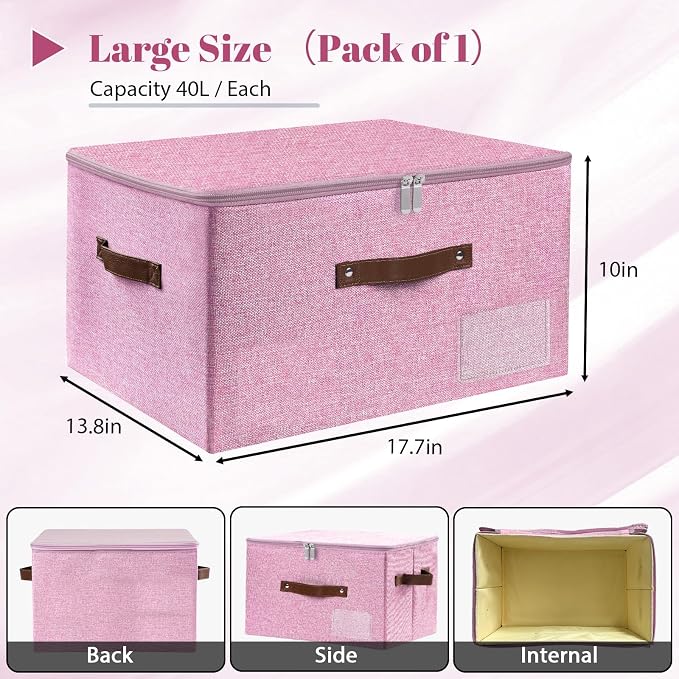 ANMINY Storage Box Fabric Bins with Zipper Lid, 17.7"x13.8"x10" Pink | Keepsake Box, Decorative, Cotton Linen, Reinforced PP Board Frame, Washable, Stackable & Foldable, Label Holder & PU Handles