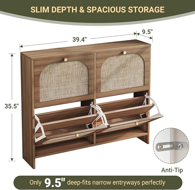 Freestanding Ultra Slim Fluted Accent Shoe Storage Cabinet for Entryway - 4 Flip Drawers & 3-Tier Adjustable Shelves, Farmhouse Modern Rustic Shoe Rack for Hallway, Foyer, Living Room