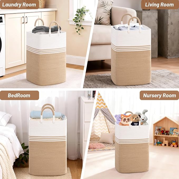 Laundry Basket Hamper,Blanket Storage,Dirty Clothes Hamper with Swivel Handles,Woven Cotton Rope Toy Baskets,Blanket Basket Living Room,Decorative Hampers for Nursery,Bedroom,White & Brown,80L