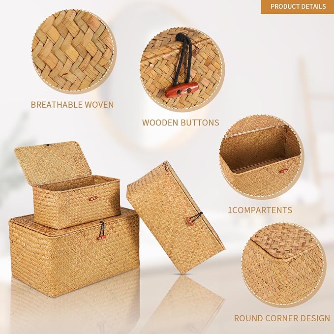 FEILANDUO Wicker Shelf Basket with Lids, Seagrass Storage Baskets Bins Rectangular Woven Baskets Boxes for Organizing Multipurpose Container Boho Home Decor Large Set of 3