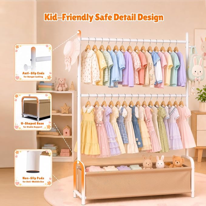 Kids Clothes Rack with Double Rod Height Adjustable Clothing Rack White | Storage Basket & Hooks, Height Adjustable Kids Clothes Rack, Portable Baby Dress Up Garment Rack for Princess Dresses