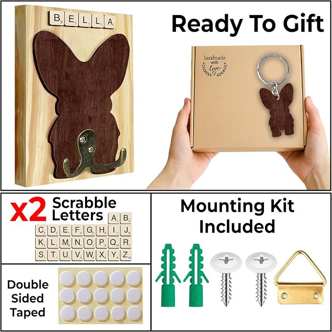 Corgi Dog Leash Holder Wall Mount with Scrabble Letters, Wooden Dog Wall Hook Organizer, Pet Collar and Harness Holder, Entryway Key Hook and Leash Rack, Pet Lovers Gift Decor PF297-29