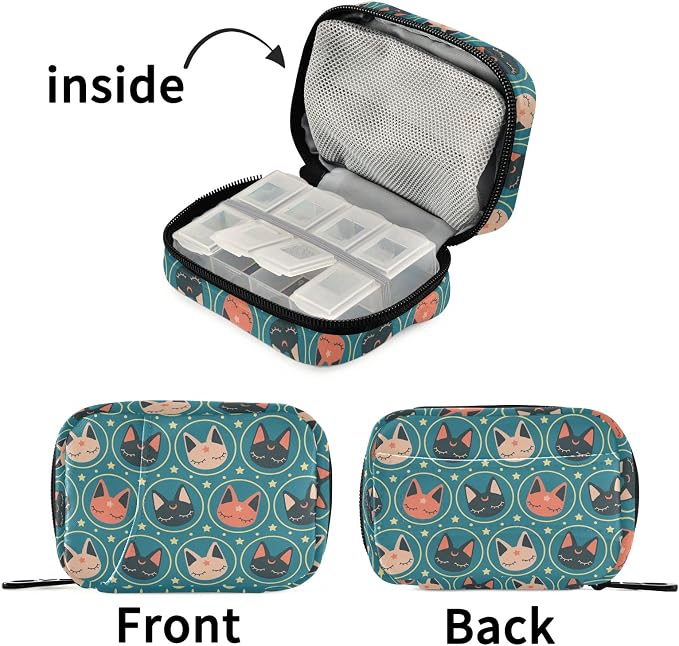Fustylead Kawaii Space Cats Pill Organizer Travel Bag, Small Portable Pill Case Cute for Vitamin Fish Oil Supplements Medicine Organizer with Zipper