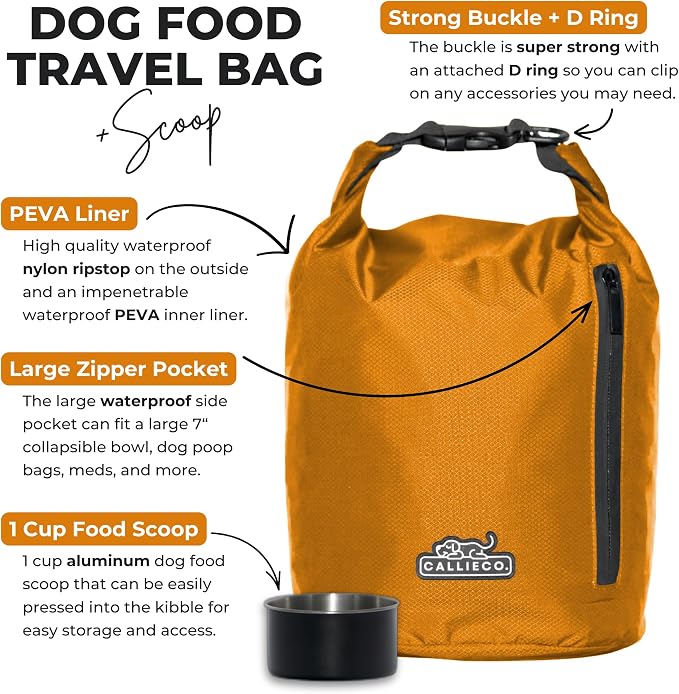 Callieco Dog Food Travel Bag w/ 1 Cup Scoop and Zipper Side Pocket | Waterproof Kibble Storage Container for Home, Road Trips, Camping, Boarding and More (Orange, 64 Cups)