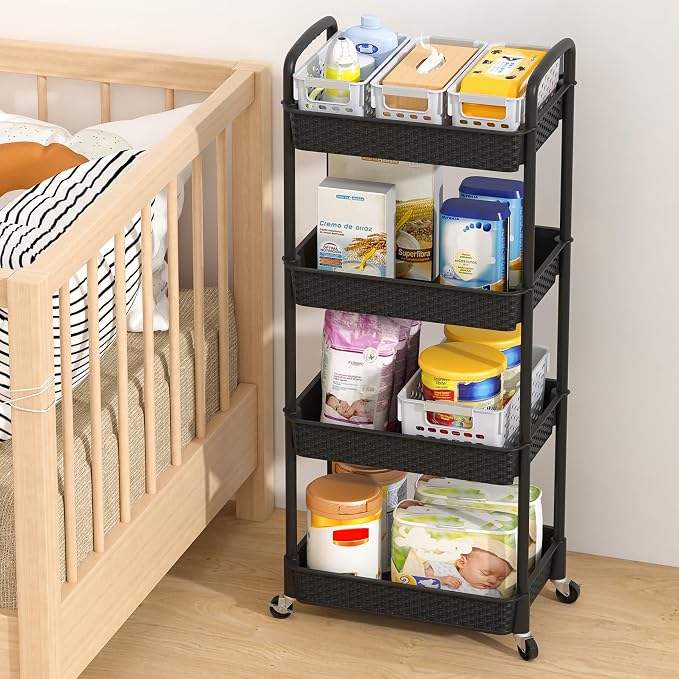 MOYIPIN 4-Tier Plastic Rolling Utility Cart with Handle, Black | Utility Storage Cart for Office, Living Room, Kitchen,Movable Storage Organizer，Easy installation，Rattan-like art design