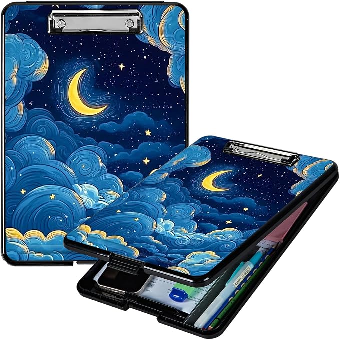 Moon Blue Clouds A4 Clipboard with Storage Pen Holder, Clipboards Organizer Nursing Clipboard Foldable File Folder Plastic Clipboard Folio Clip Board for Office Students Classroom Doctor